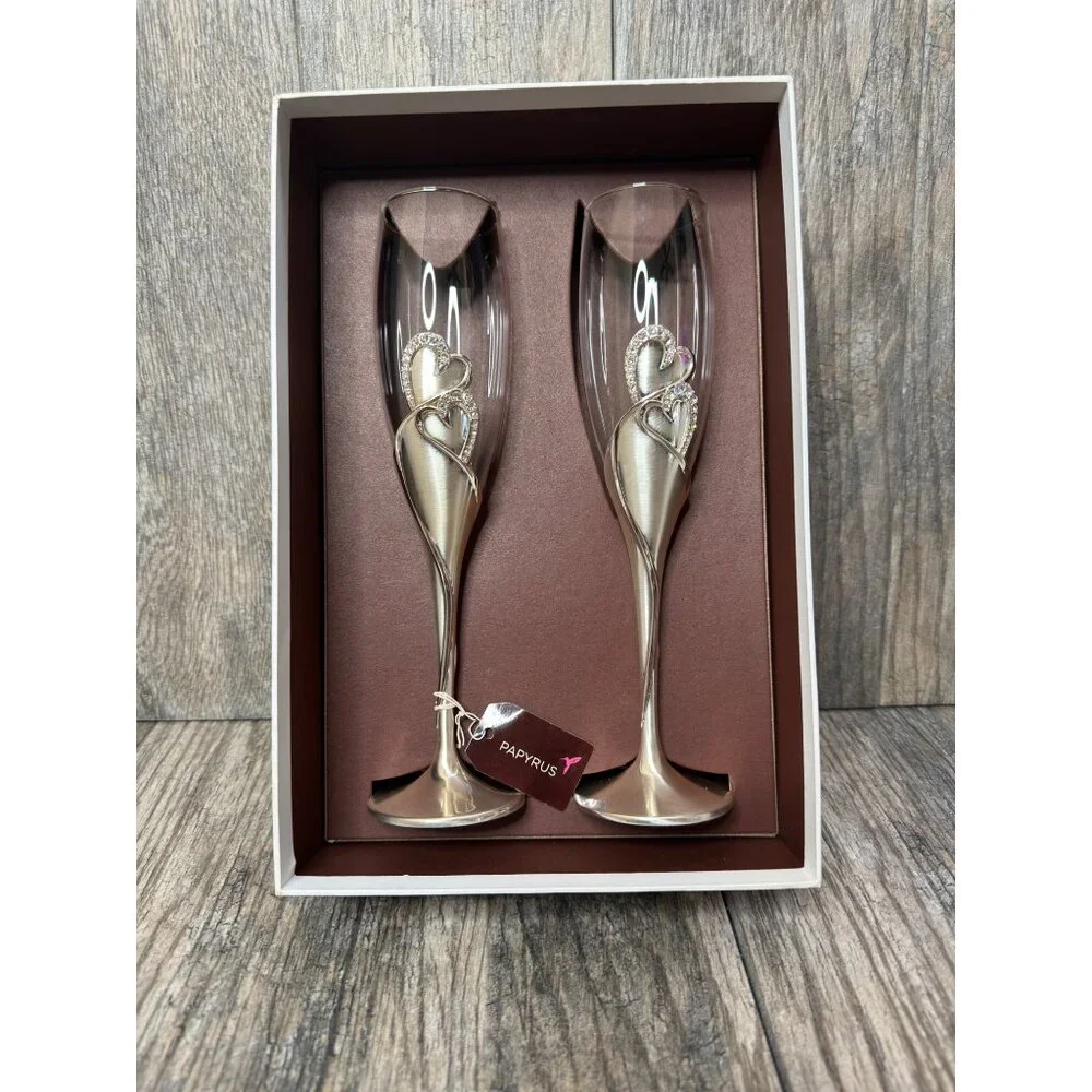 NEW PAPYRUS Champagne His and Hers Double Heart Toasting Glass Flutes